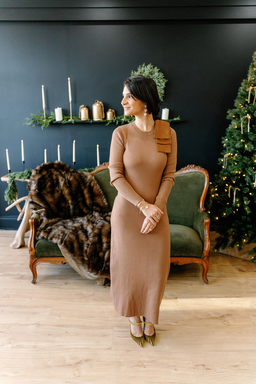 Mocha Shoulder Satin Bow Sweater Midi Dress