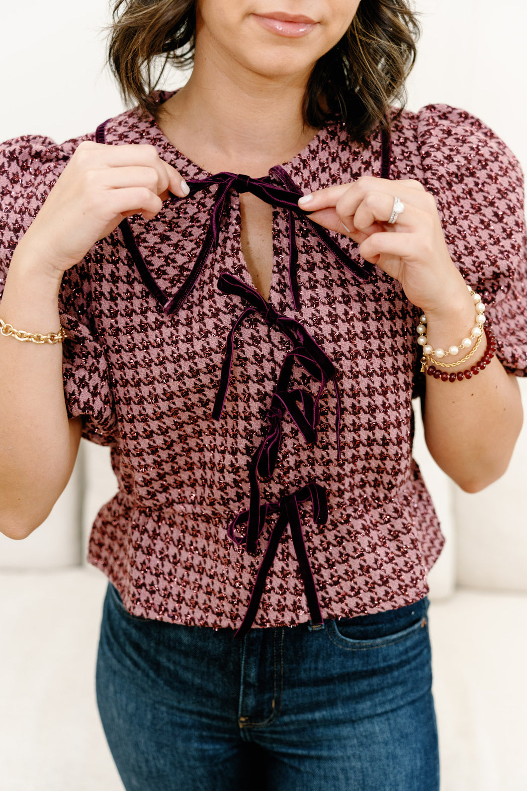 Mauve Sparkle Houndstooth Bow Tie Top