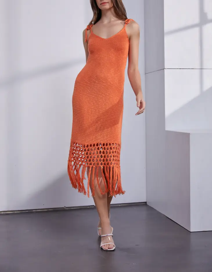 Mandarin Knit Fringe Dress