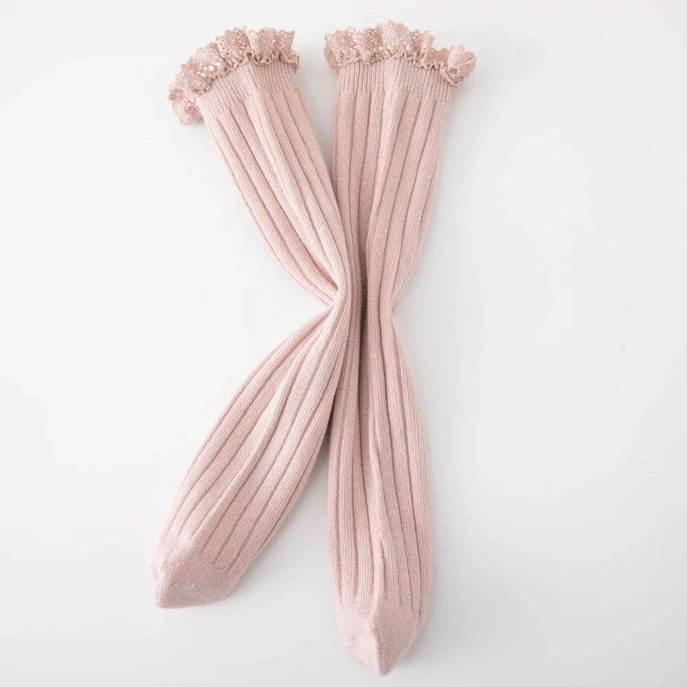 Pink Lace Trim Ribbed Knee Socks