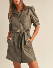 Load image into Gallery viewer, Button-Down Belted Faux Leather Dress
