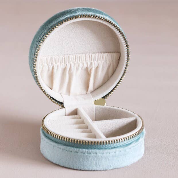 Mint Green Velvet Round Travel Jewelry Case