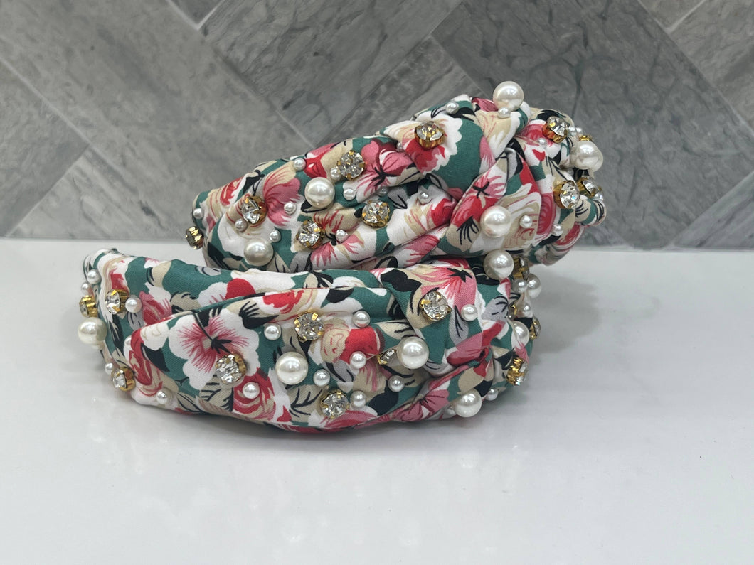 Tropical Floral Pearl & Crystal Top Knot Headband