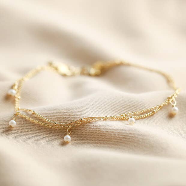 Pearl & Chain Gold Anklet Set