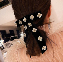 Load image into Gallery viewer, Black Pearl Flower Velvet Bow Hair Clip
