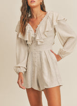 Load image into Gallery viewer, Lace Crochet Trim Linen Ruffled Romper
