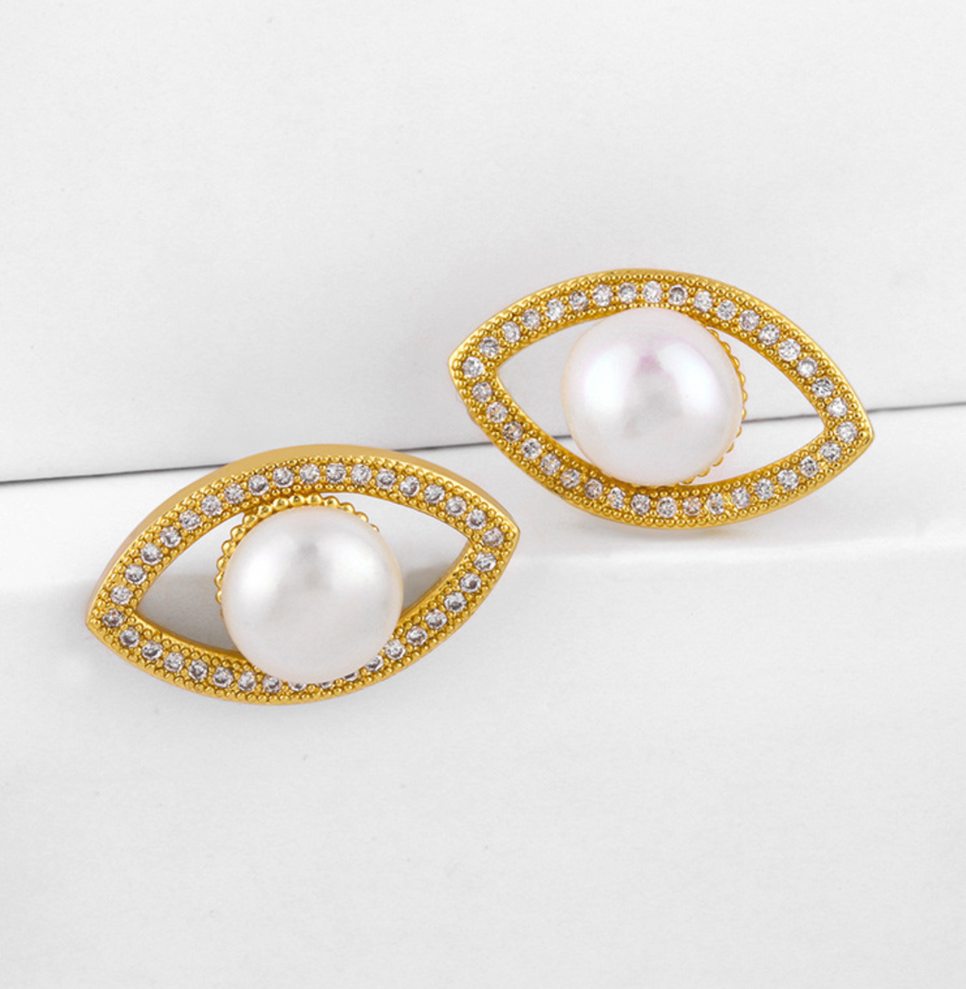 Pearl Evil Eye Stud Earrings