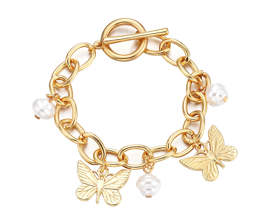 Butterfly Pearl Chain Link Bracelet