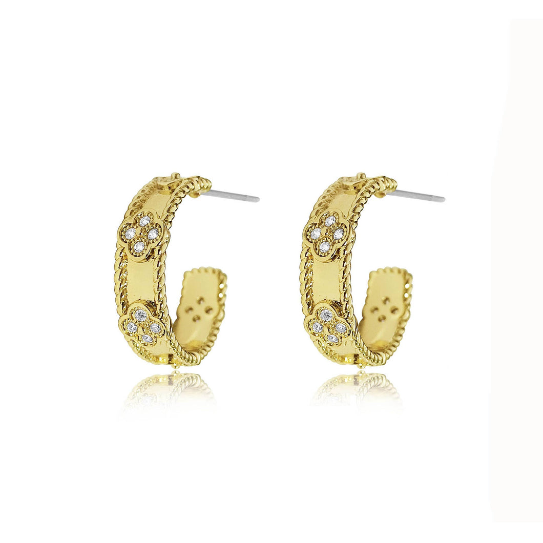 Gold CZ Clover Half Hoop Earrings
