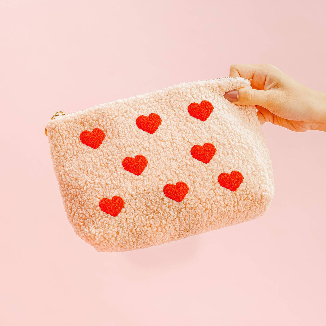 Hearts Pink Sherpa Teddy Pouch