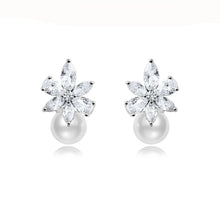 Load image into Gallery viewer, Cubic Zirconia Floral Pearl Drop Earrings
