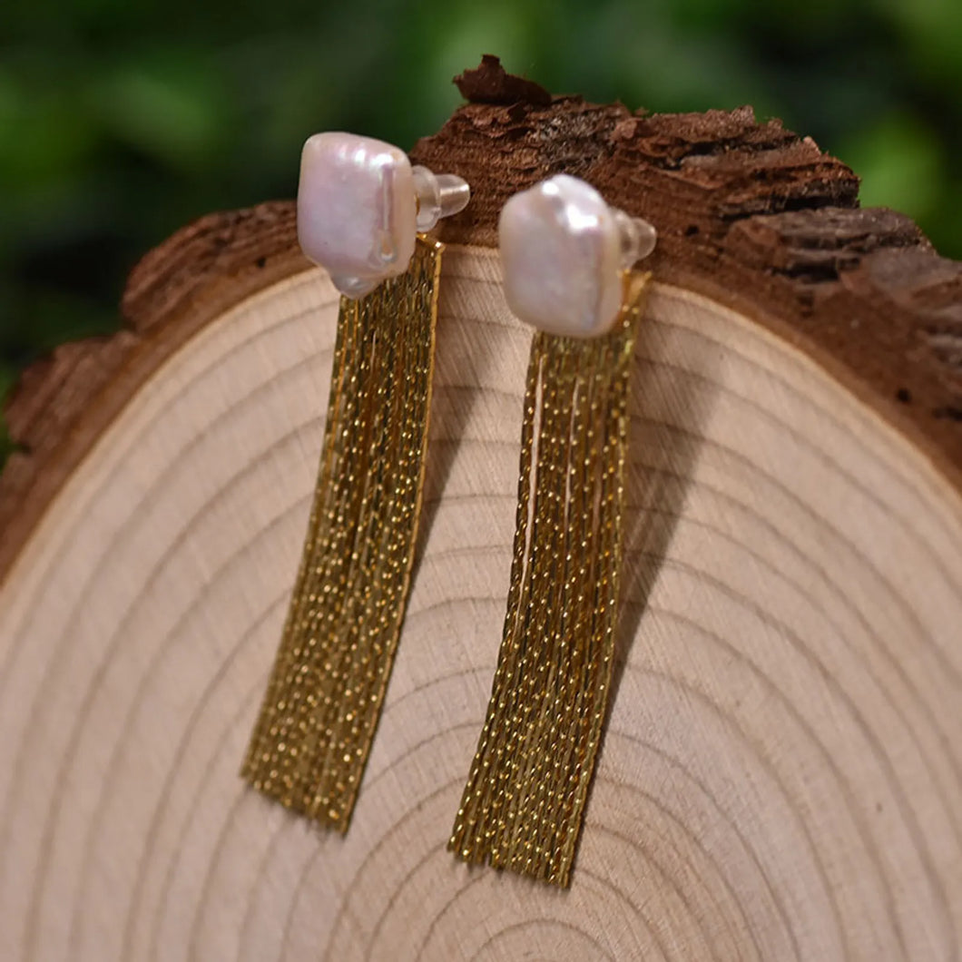 Baroque Pearl Gold Fringe Earrings