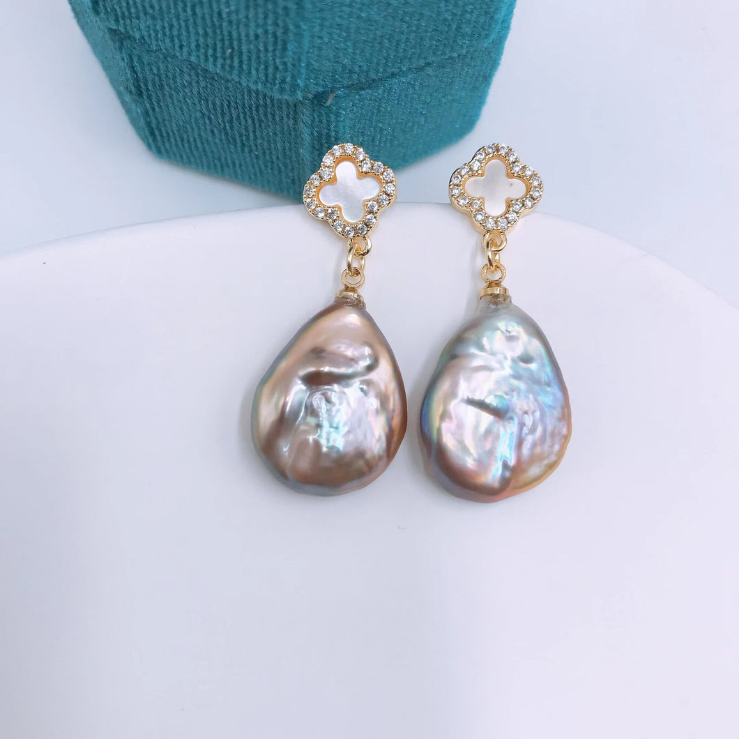 Mother of Pearl Clover Baroque Pink Pearl Drop Earrings