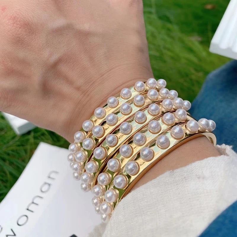 Studded Pearl Gold Cuff Bangle Bracelet