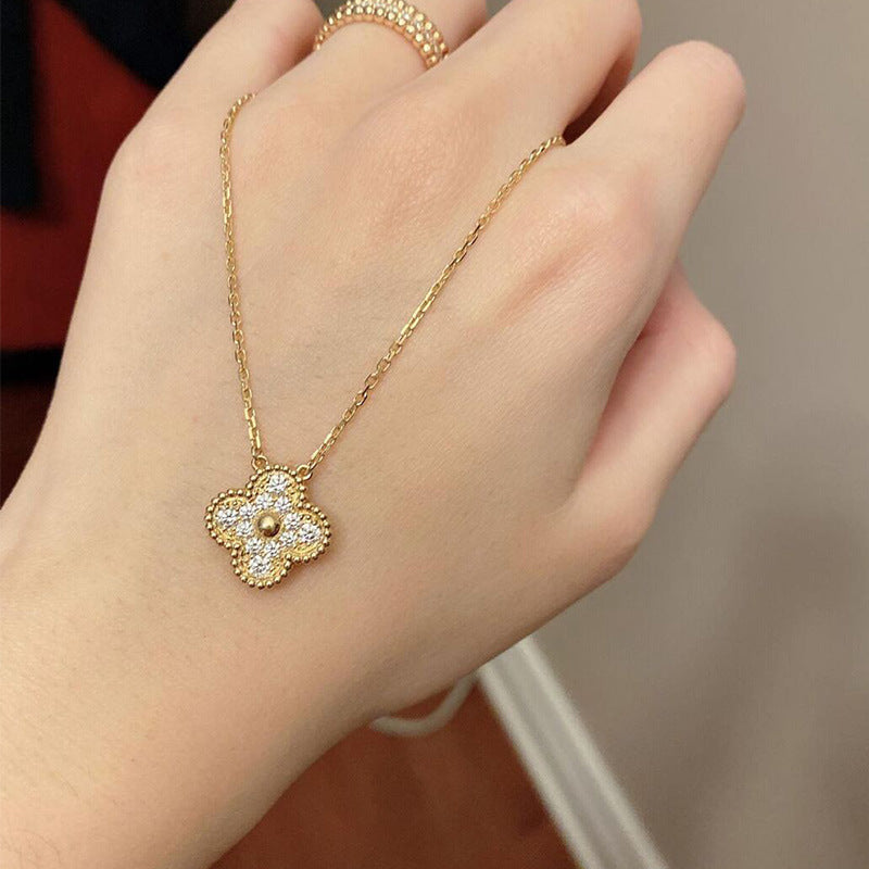 All Gold Zircon Diamond Clover Pendant Necklace