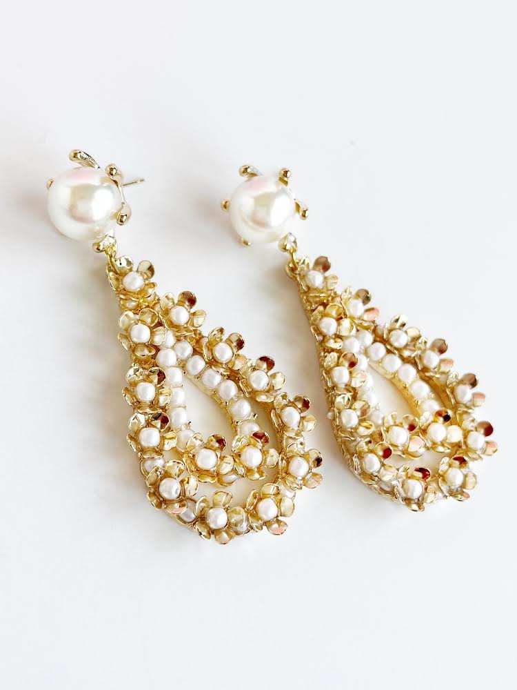 Pearl & Gold Flower Teardrop Statement Earrings