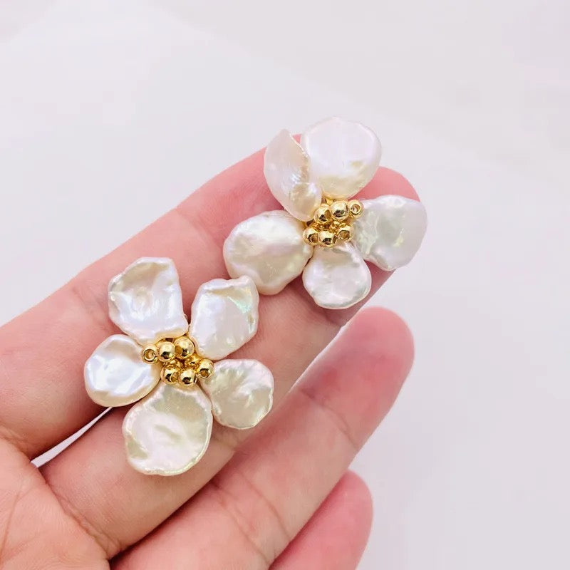 Baroque Pearl Flower Statement Stud Earrings