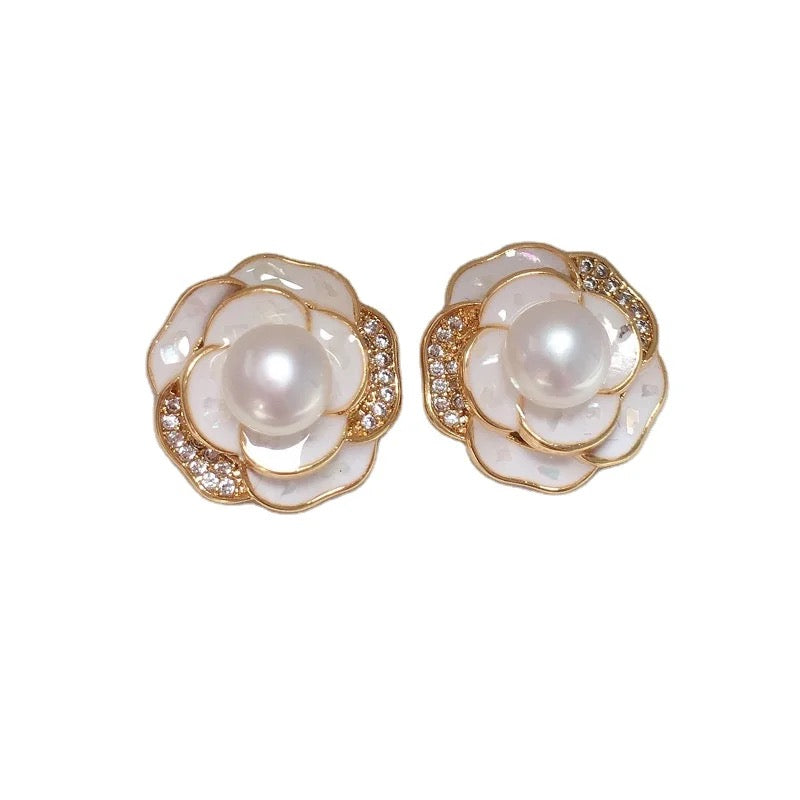 Camellia Flower Pearl Stud Earrings