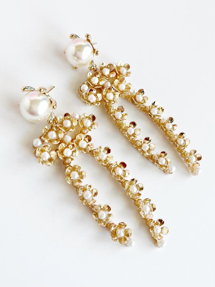 Pearl & Gold Flower Bow Pendant Statement Earrings