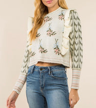 Load image into Gallery viewer, Heart &amp; Floral Jacquard Ruffle Sweater
