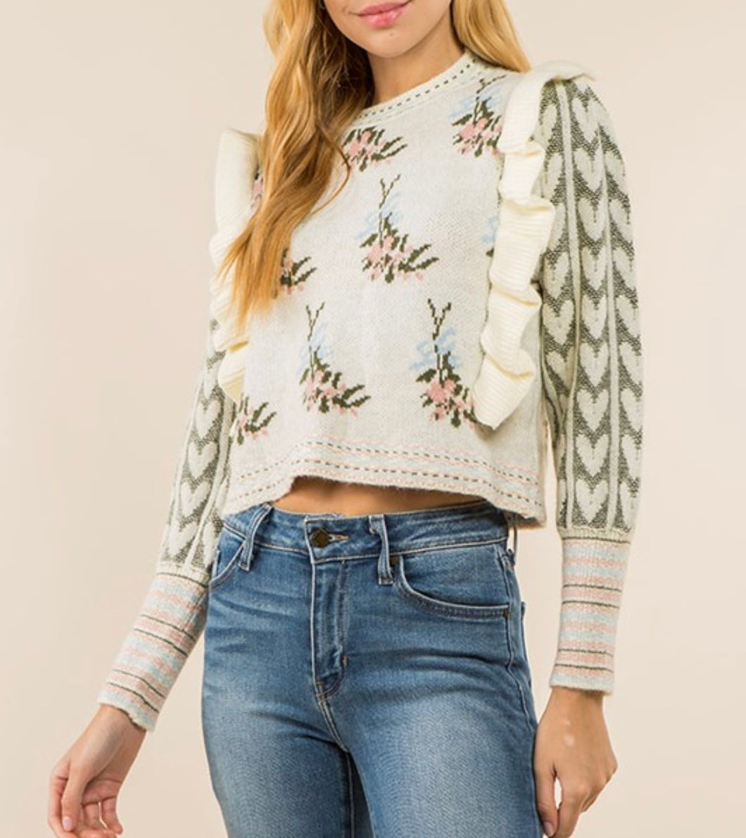 Heart & Floral Jacquard Ruffle Sweater