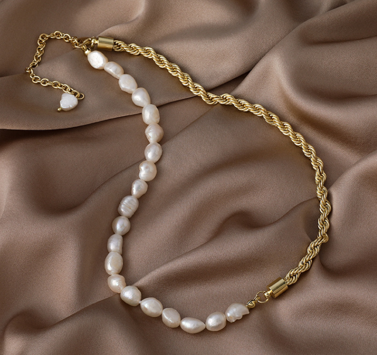 Half/Half Pearl Rope Chain Necklace