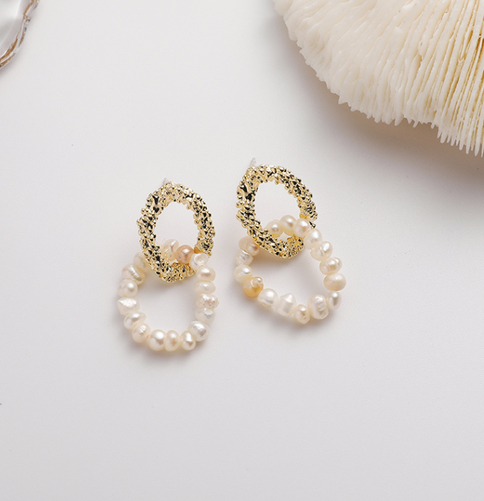 Double Hoop Gold Pearl Dangle Earrings
